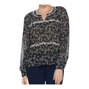 Vince Camuto Ditsy Roses Black Sheer Floral White Ruffle Blouse size 2X